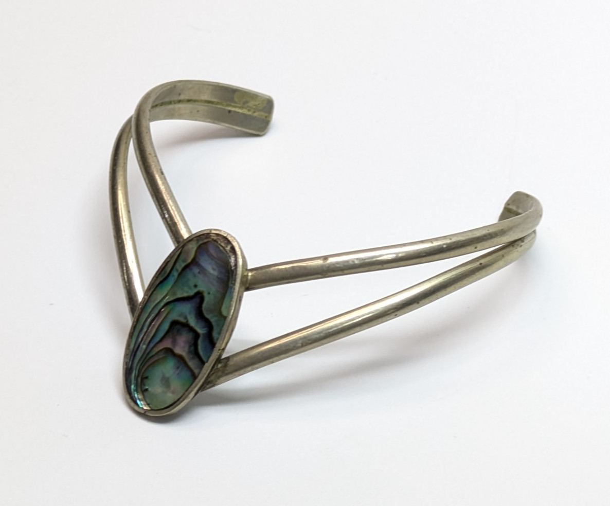 VTG Alpaca Silver Mexico Unique Abalone Shell Cuff Bracelet Double Bar