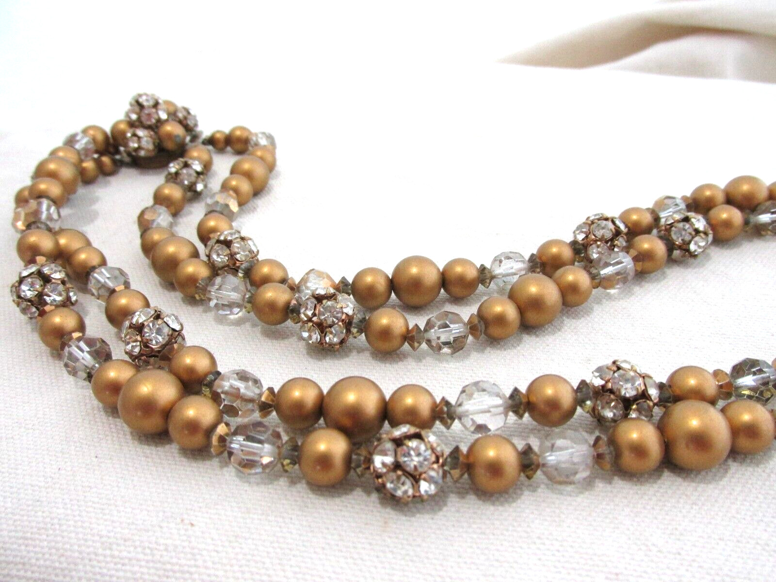 Vtg Necklace Matte Gold Beads Beaded Rhinestones Crystal Double Strand Ornate