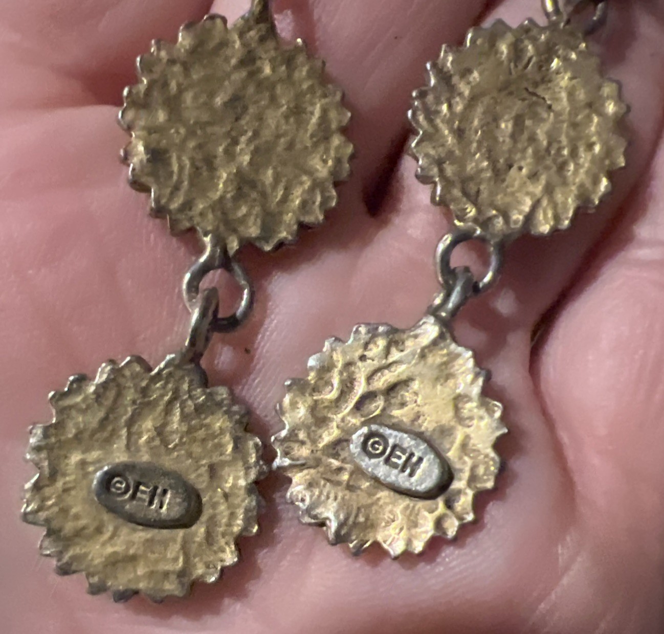 Vintage Signed EH Eivind Hillestad sunflower / daisy Clip-On Dangle Earrings