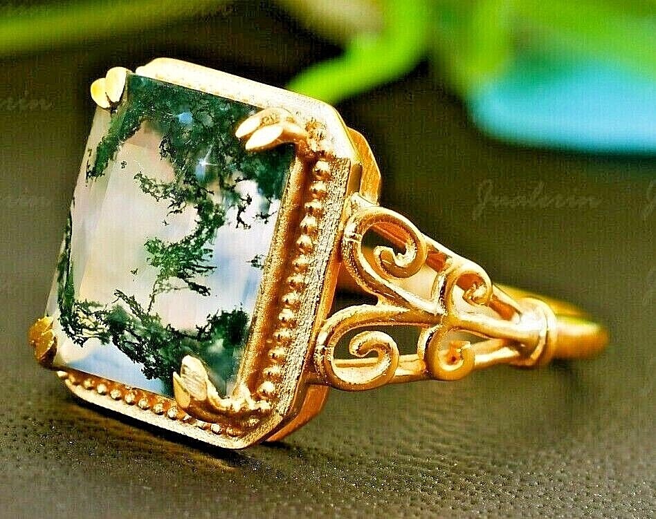Unique Moss Agate Engagement Ring 14K Gold Plated Anniversary Gift For Her