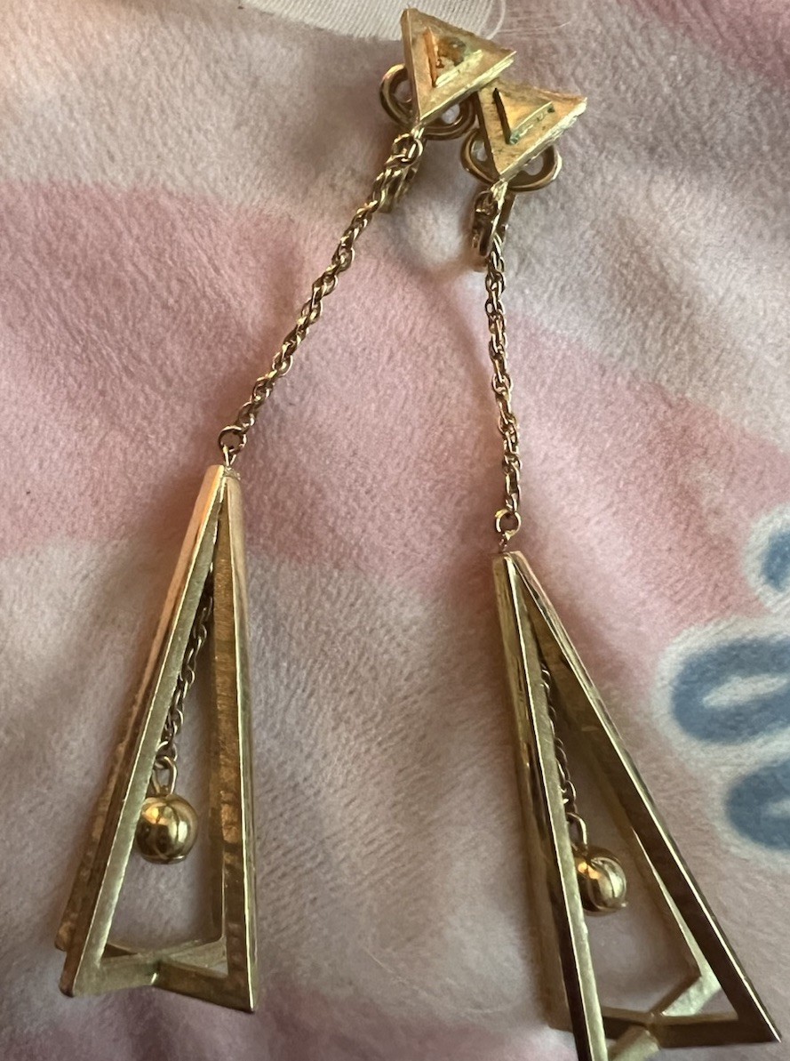 Vintage TRIFARI Dangle Long Triangle Clip Earrings Gold Tone