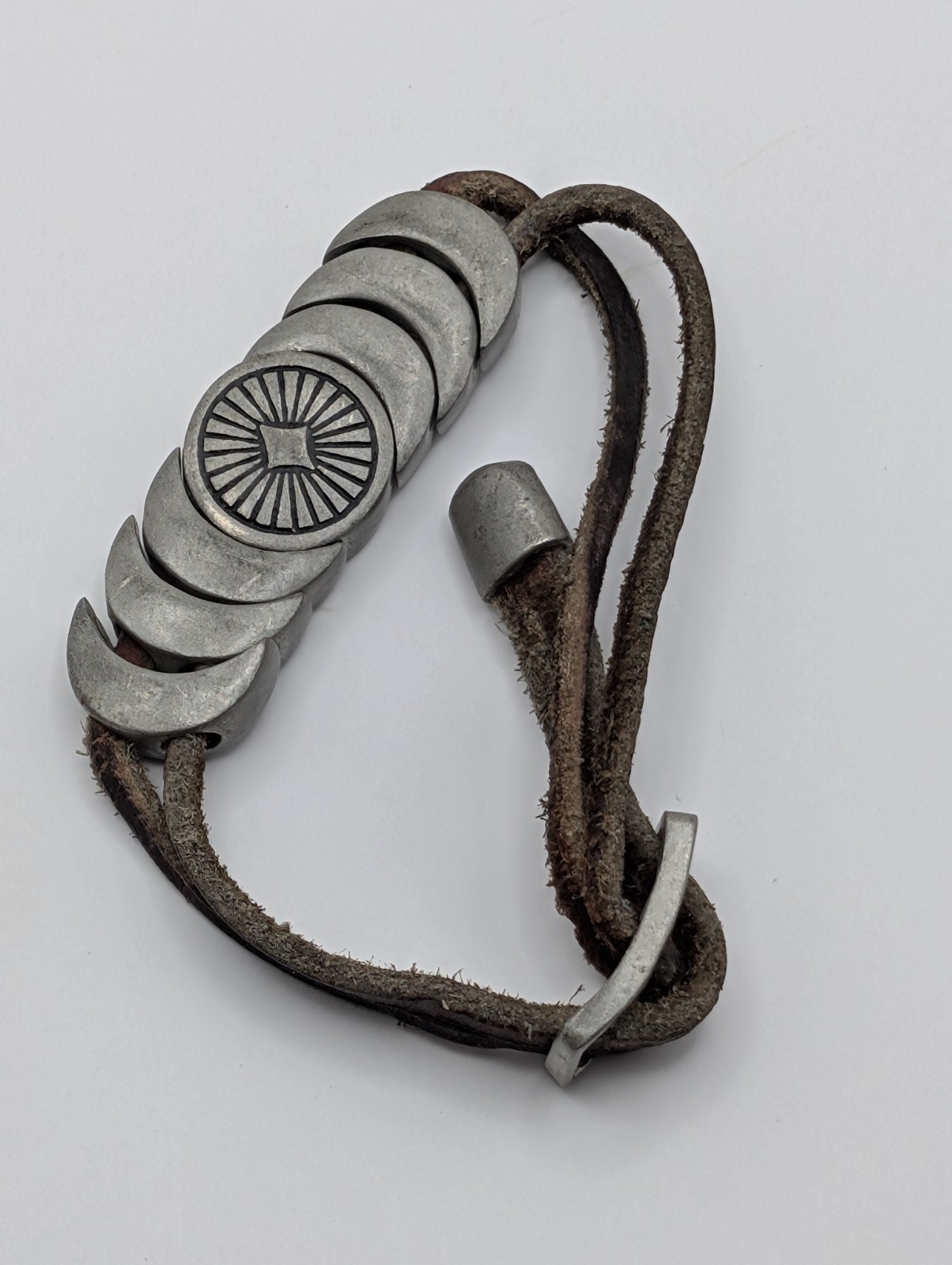 Vintage Pewter Triple Moon Bracelet Leather Cord Celestial Boho Slider Unisex