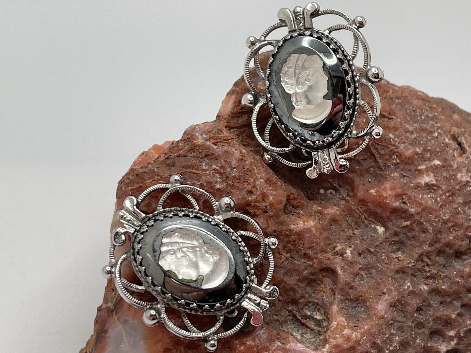 Vintage Whiting & Davis Silver Hematite Cameo Clip EARRINGS Filigree Signed