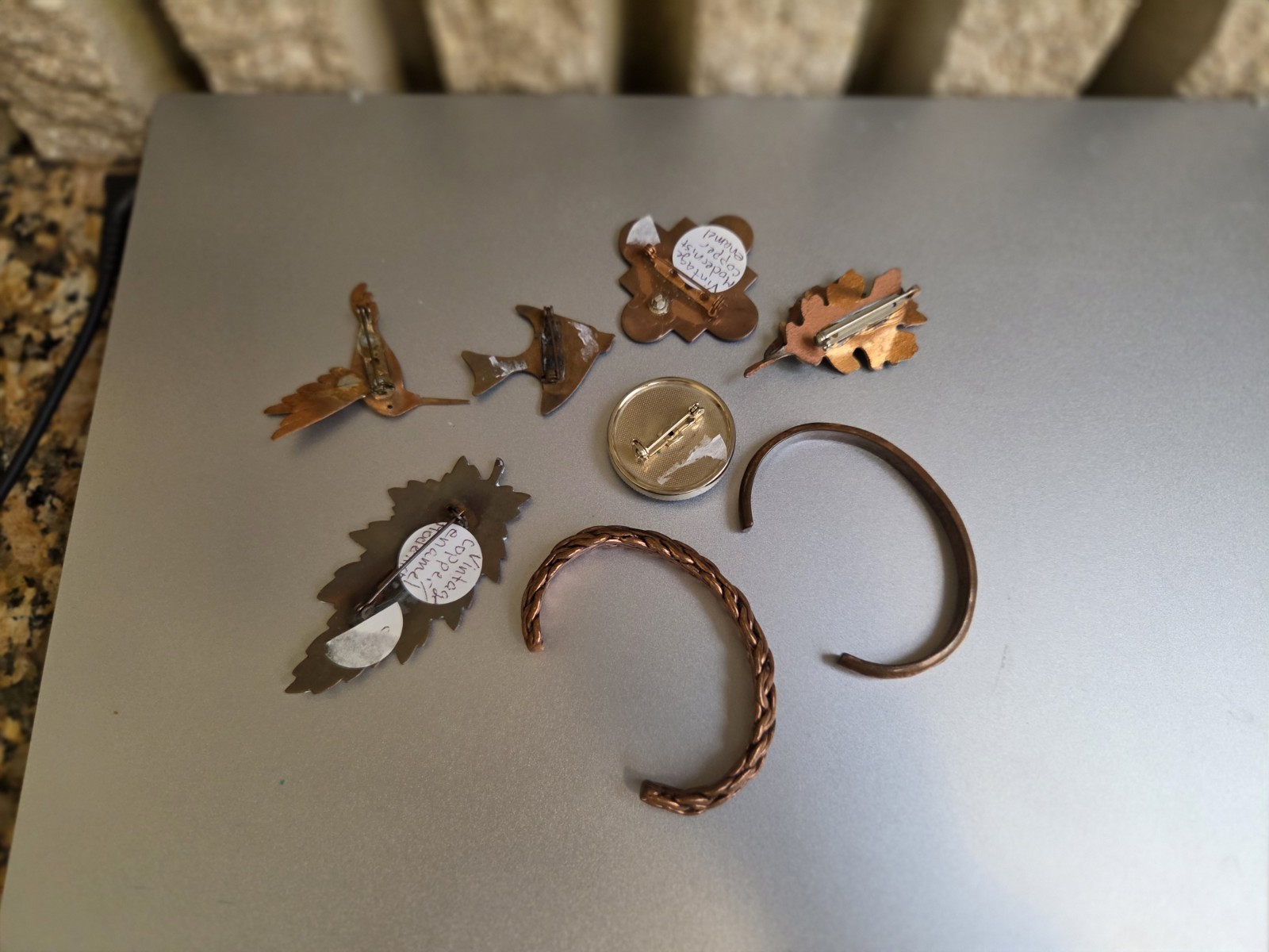 Vintage Copper Enamel Brass Copper Plated Pins Bracelets Lot Of 8