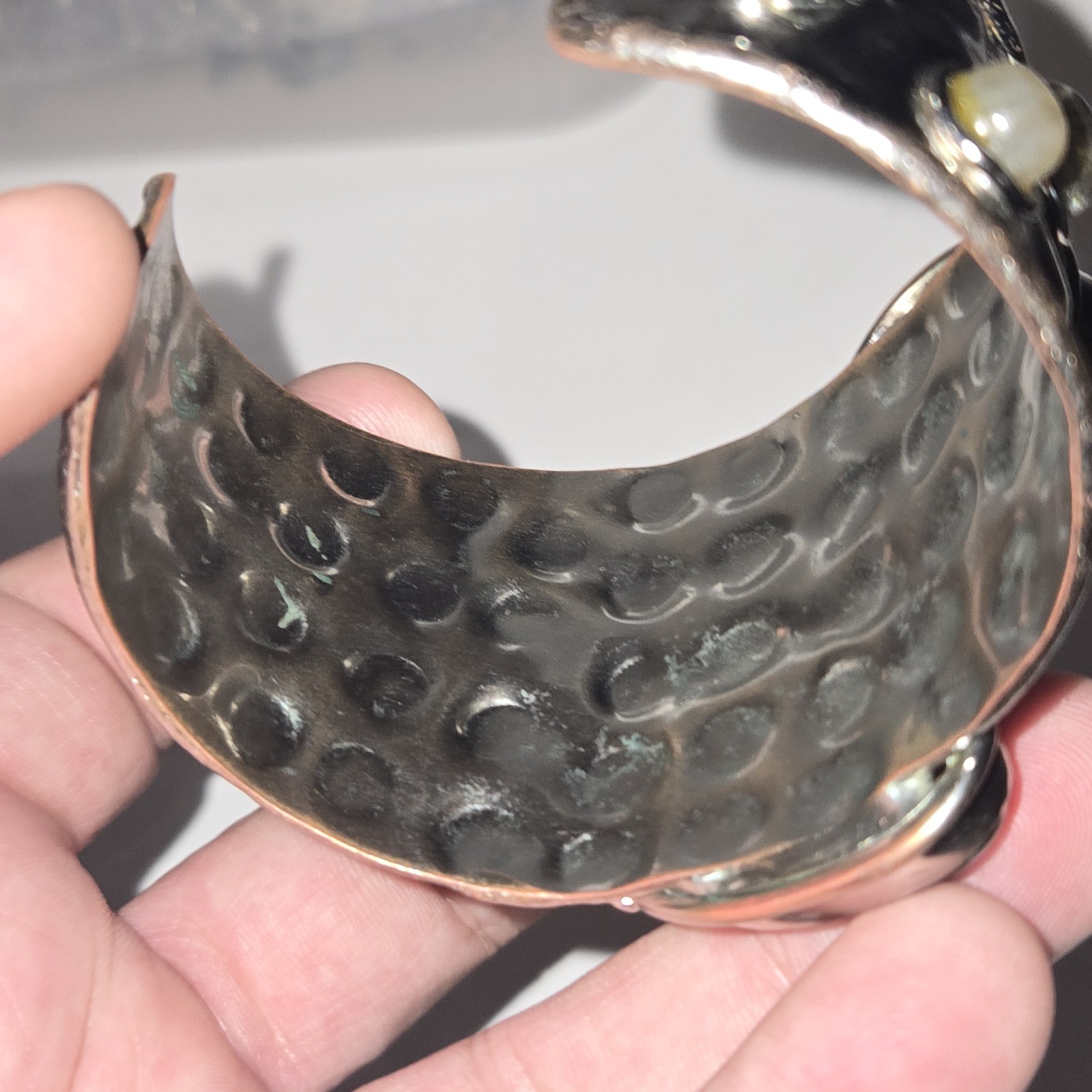 Vtg Metal Cuff Bracelet Labradorite Stones Brutalist Art Adjustable Bold Design