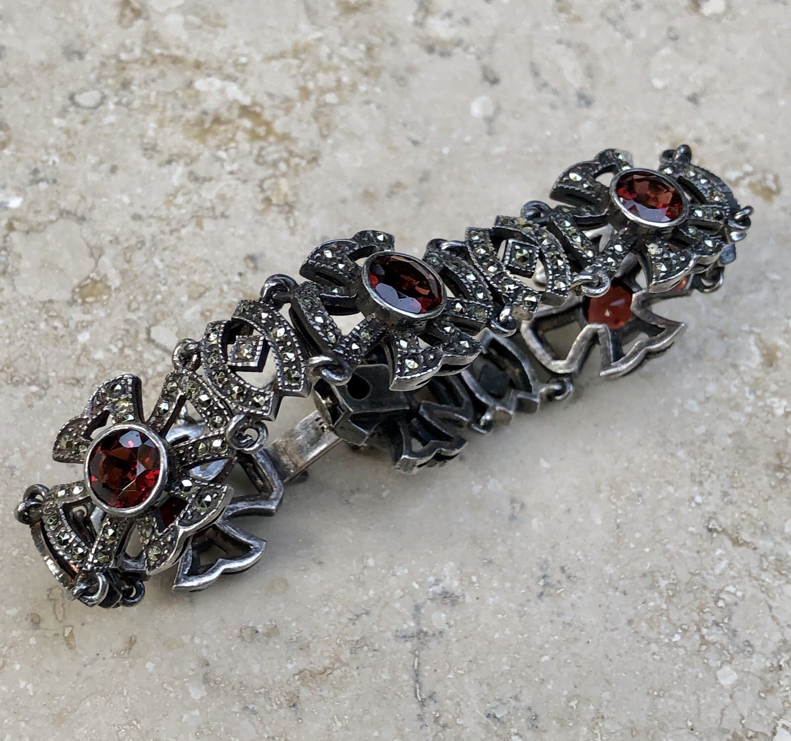 💥❤️✨VINTAGE 925 STERLING SILVER GARNET & MARCASITE MALTESE CROSS BRACELET ✨❤️💥