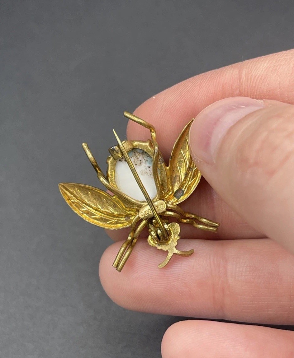 VTG Czech Insect Bee Fly Brooch Brass W Glass Belly. Signed Czecho. As Is.