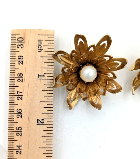 Vintage Flower Brooch Earrings Set EMMONS Gold Tone Faux Pearl Statement