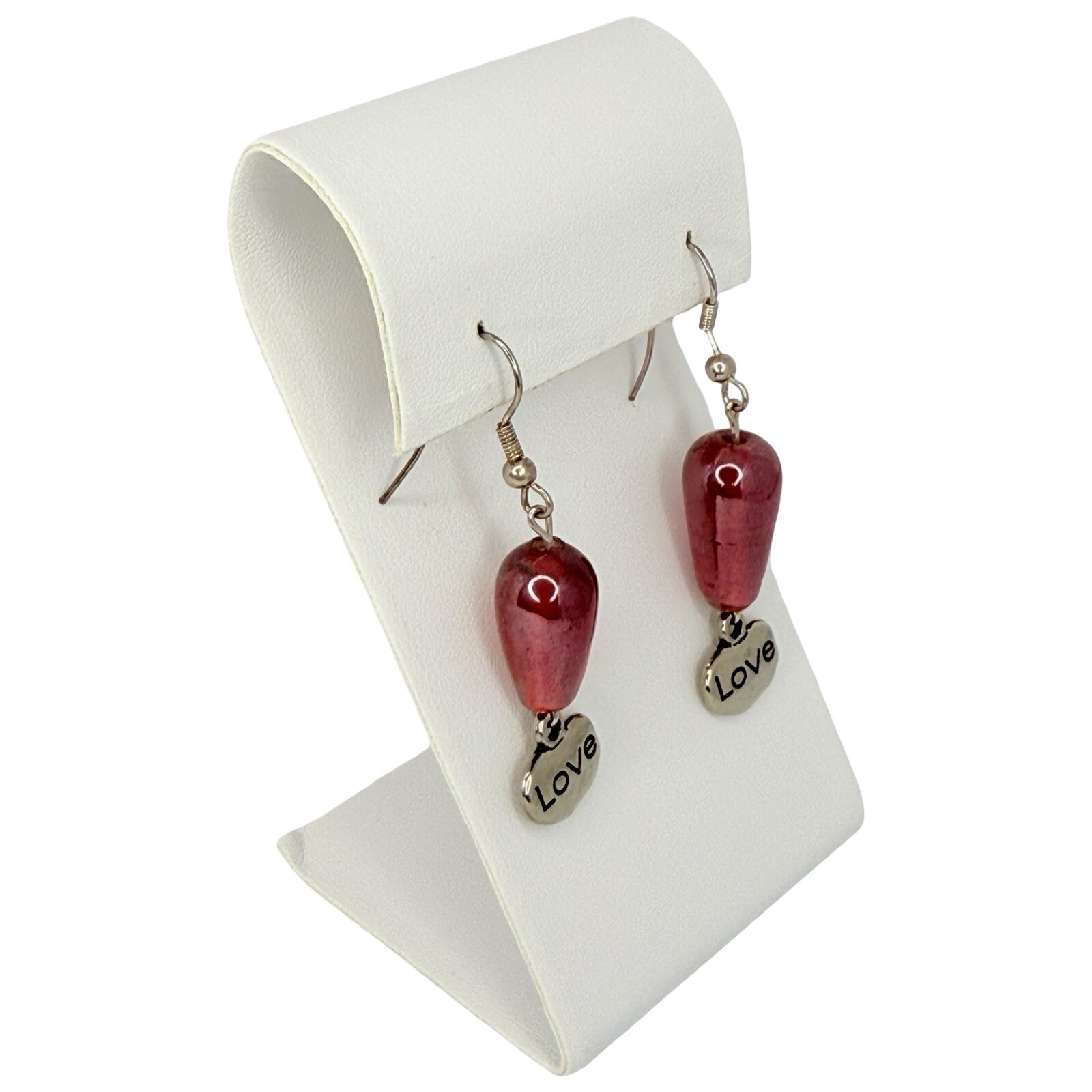 Red Earrings Art Glass Dangle 2” Beaded Love Charm Valentines Day