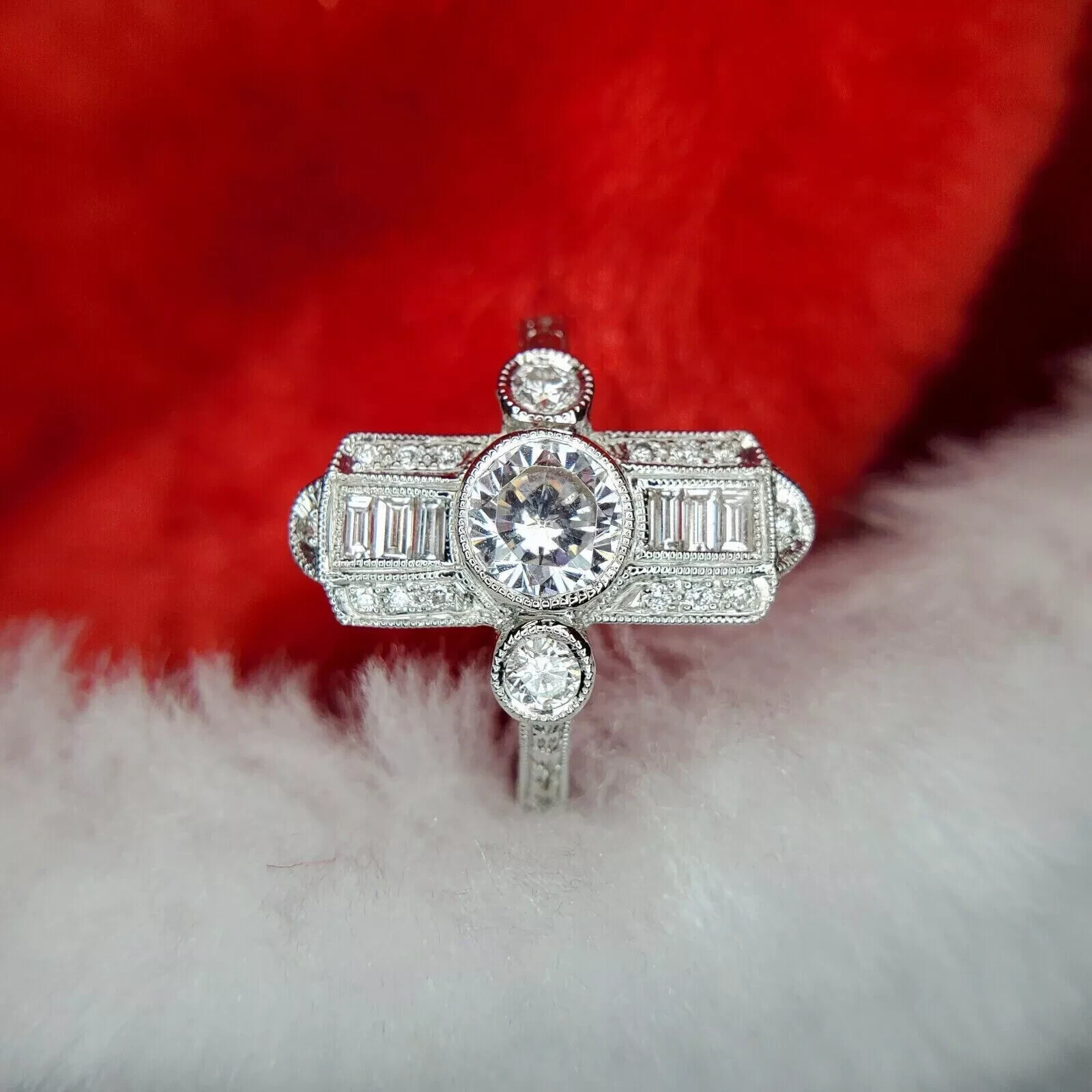 14K White Gold FN Round Cut Art Deco Style Lab-Created Diamond Wedding Ring