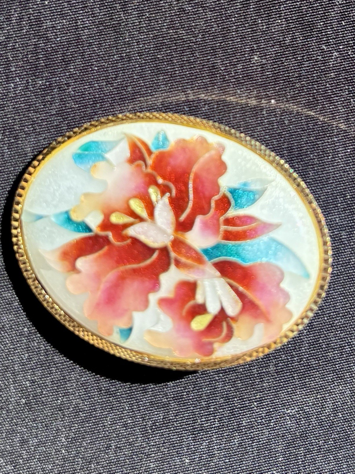 Japanese Cloisonné Enamel Multicolor Floral Brooch Oval Shape