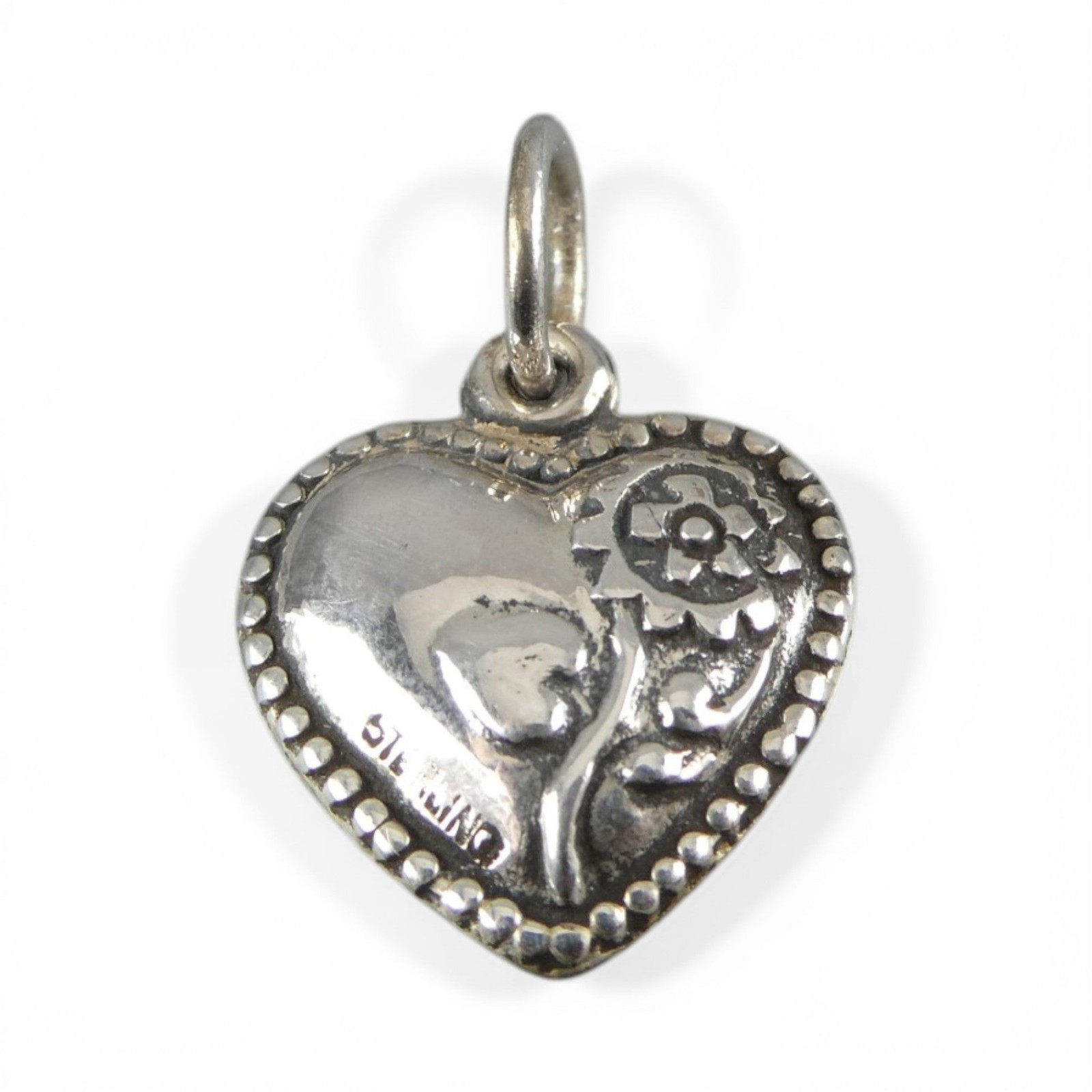 Sterling Silver Sunflower Puffy Heart Charm for Bracelet Beaded Vintage New 23