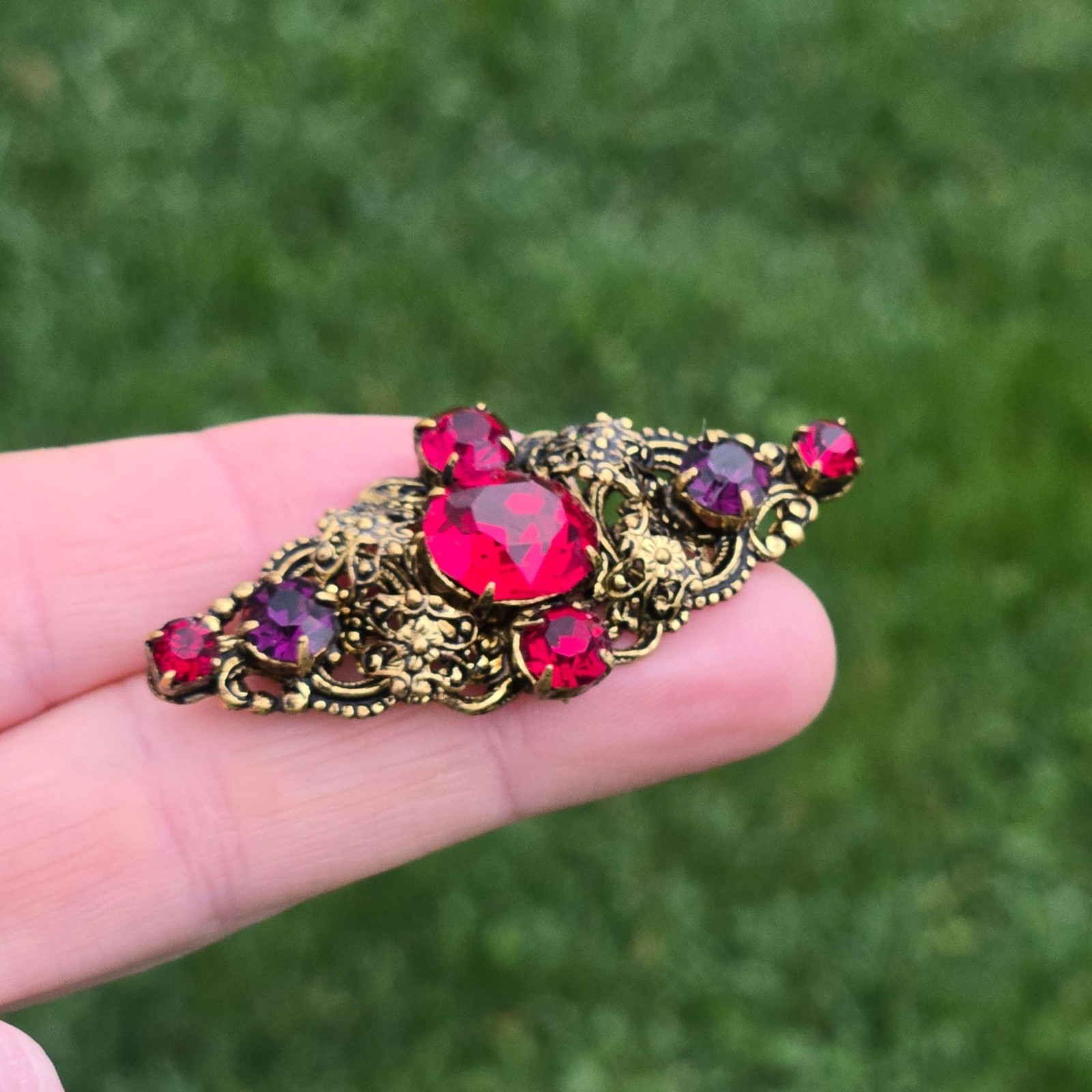 Antique Brooch Czech Glass Brass Filigree Pin Ruby Red Purple Czechoslovakia