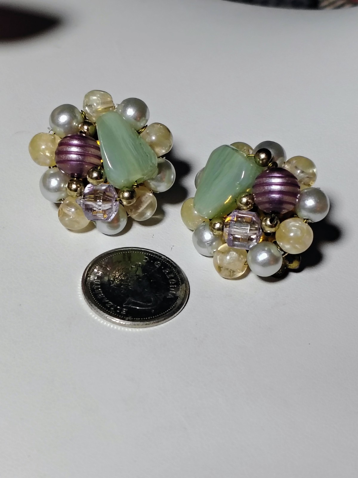 S401 Vtg Set Japan Multi Strand Beaded Necklace Clip Earrings Glass Faux Pearl