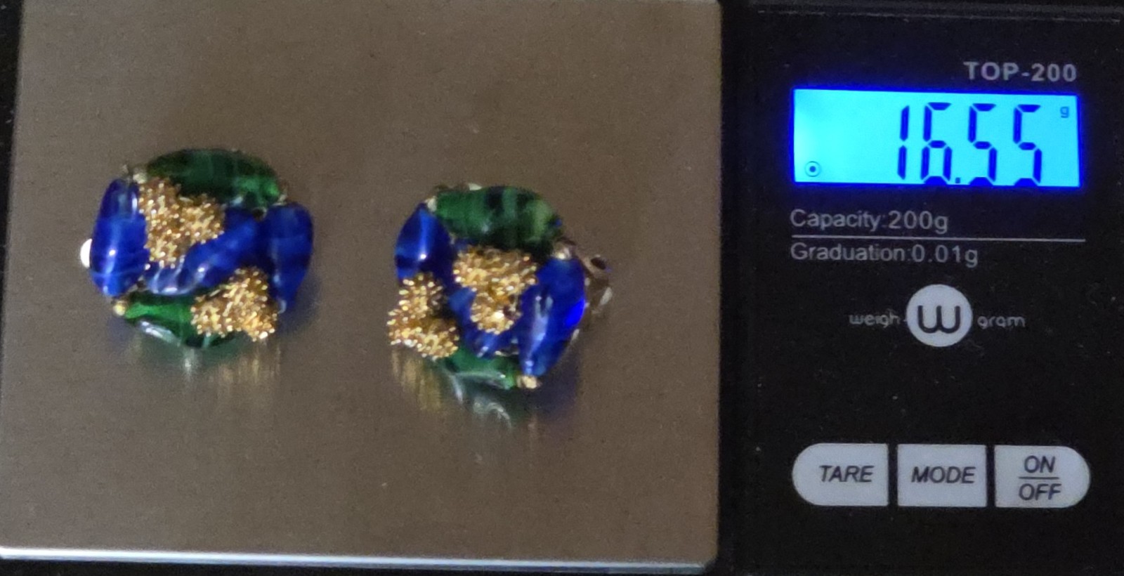 Elegant Vintage Les Bernard Clip On Earrings Blue & Green Glass Golden Ornament