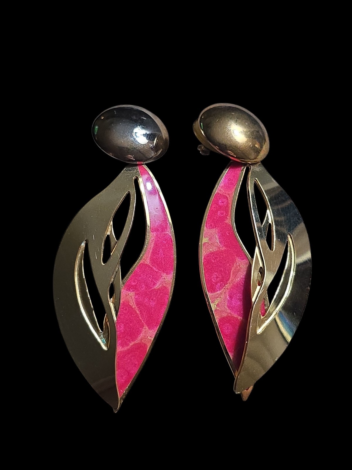 Vintage Edward Berebi Goldtone & Pink Long Pierced Earrings