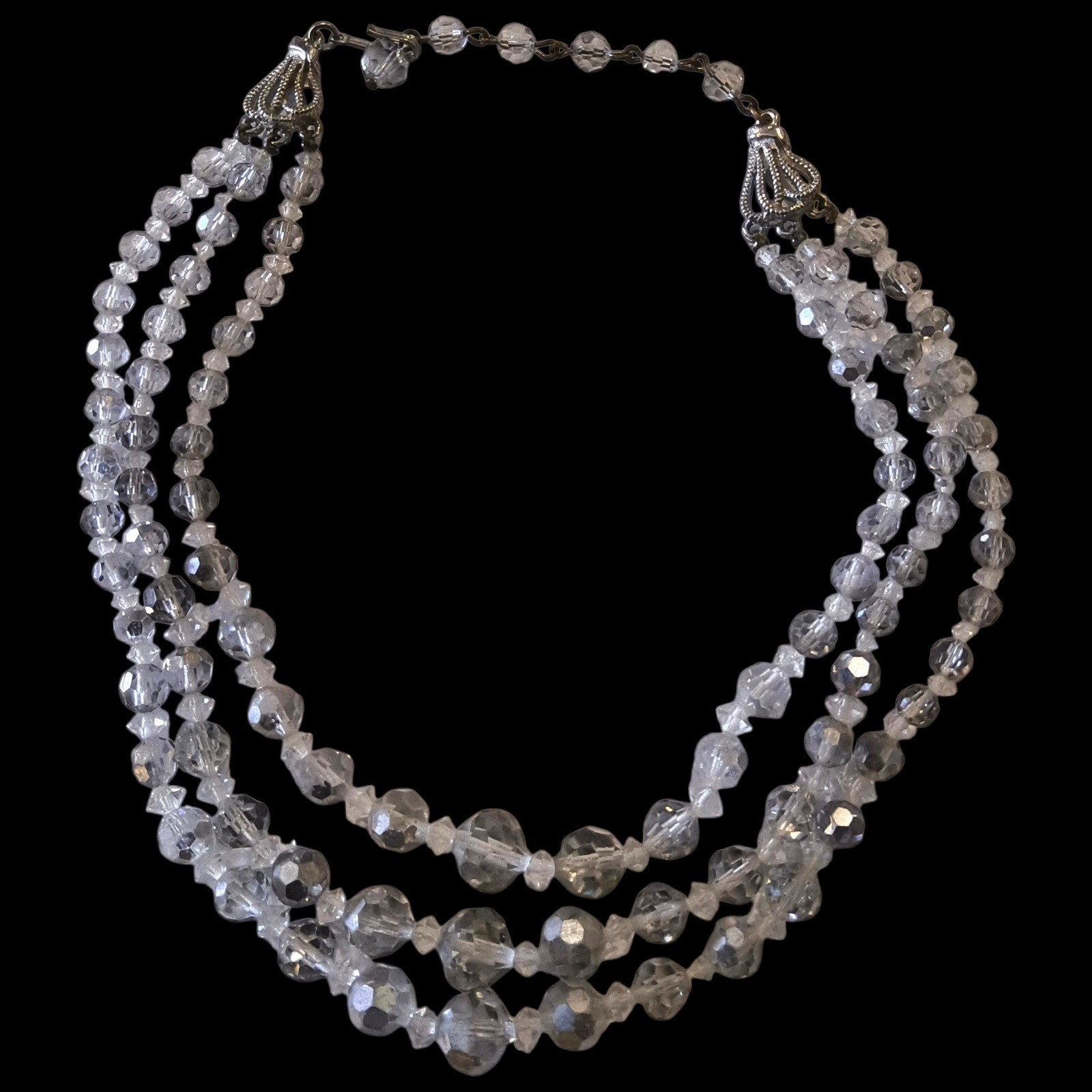 Vintage 3 Strand Crystal Glass Choker Necklace Clear Gray Faceted Beads 12–15″