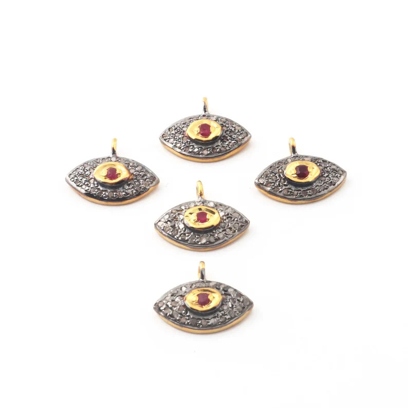 6ct Pave Diamond Evil Eye With Ruby Charm, 925 Sterling Vermeil Single Bail