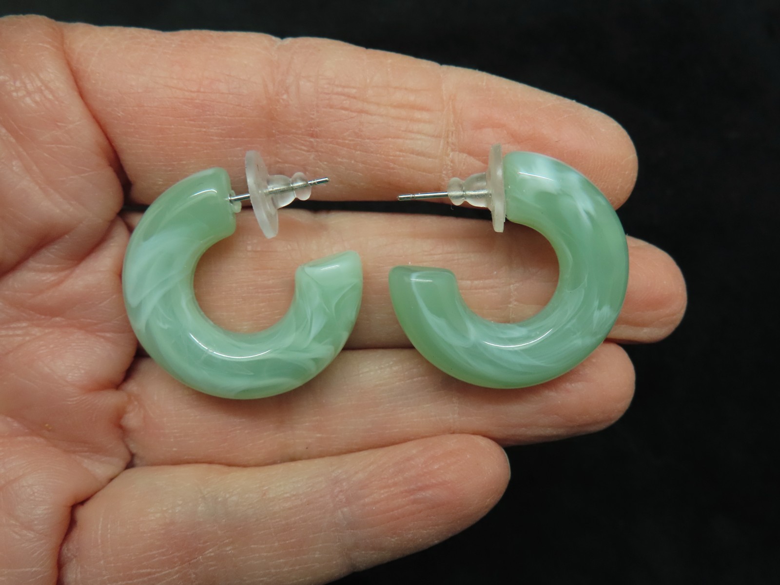 Vintage Marbleized Lucite Faux Jade Hoop Pierced Earrings
