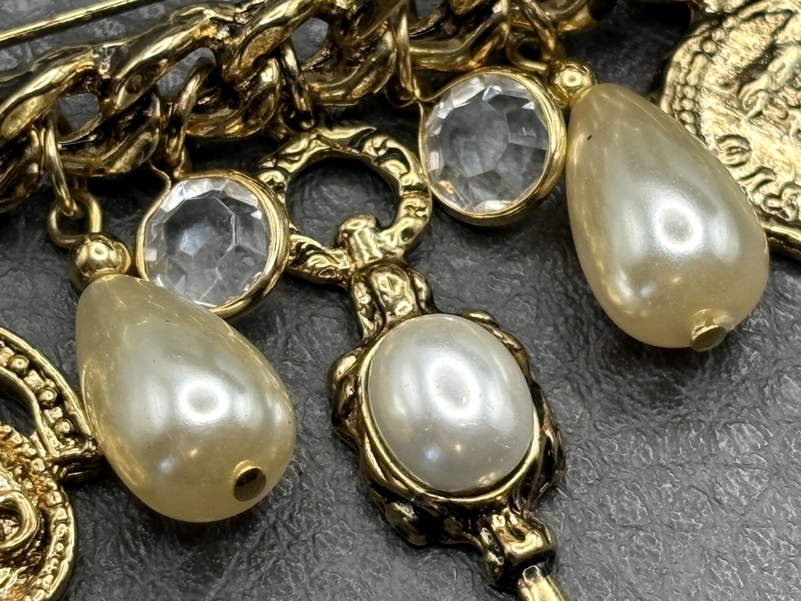 Vintage Gold Tone Charm Brooch Pearl Crystal Stations Coin Medallion Dangles