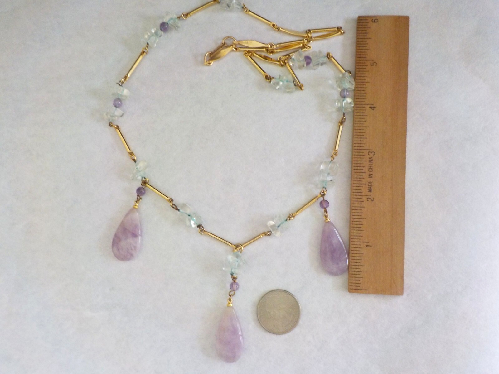 Hobe Amethyst ?? Teardrop & Dyed Chip Gold Tone Metal Clasp Necklace Signed No.