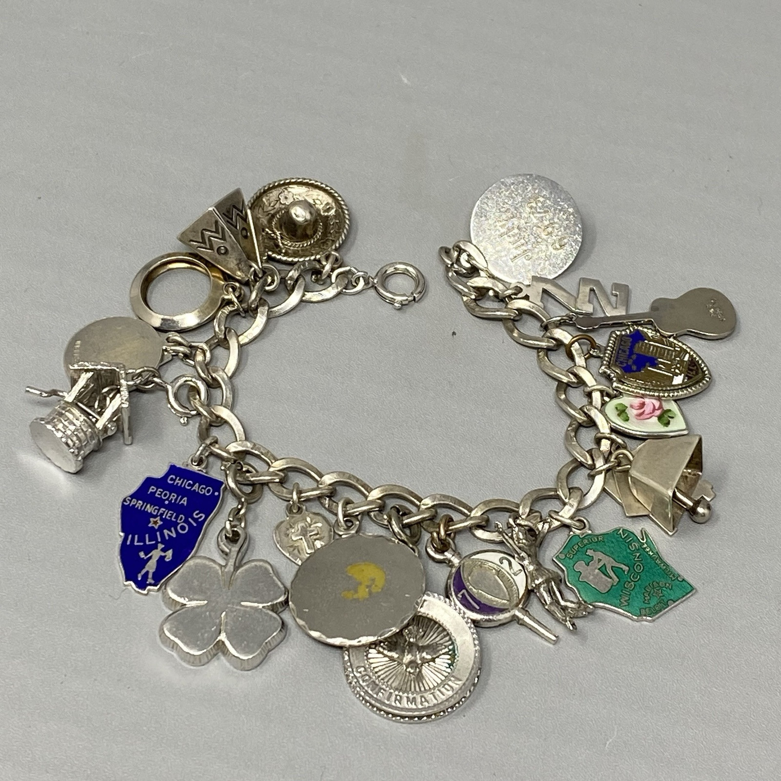 VTG 20 Charm Bracelet Sterling Silver Birthday Natie Cowbell School Hearts 6.5″