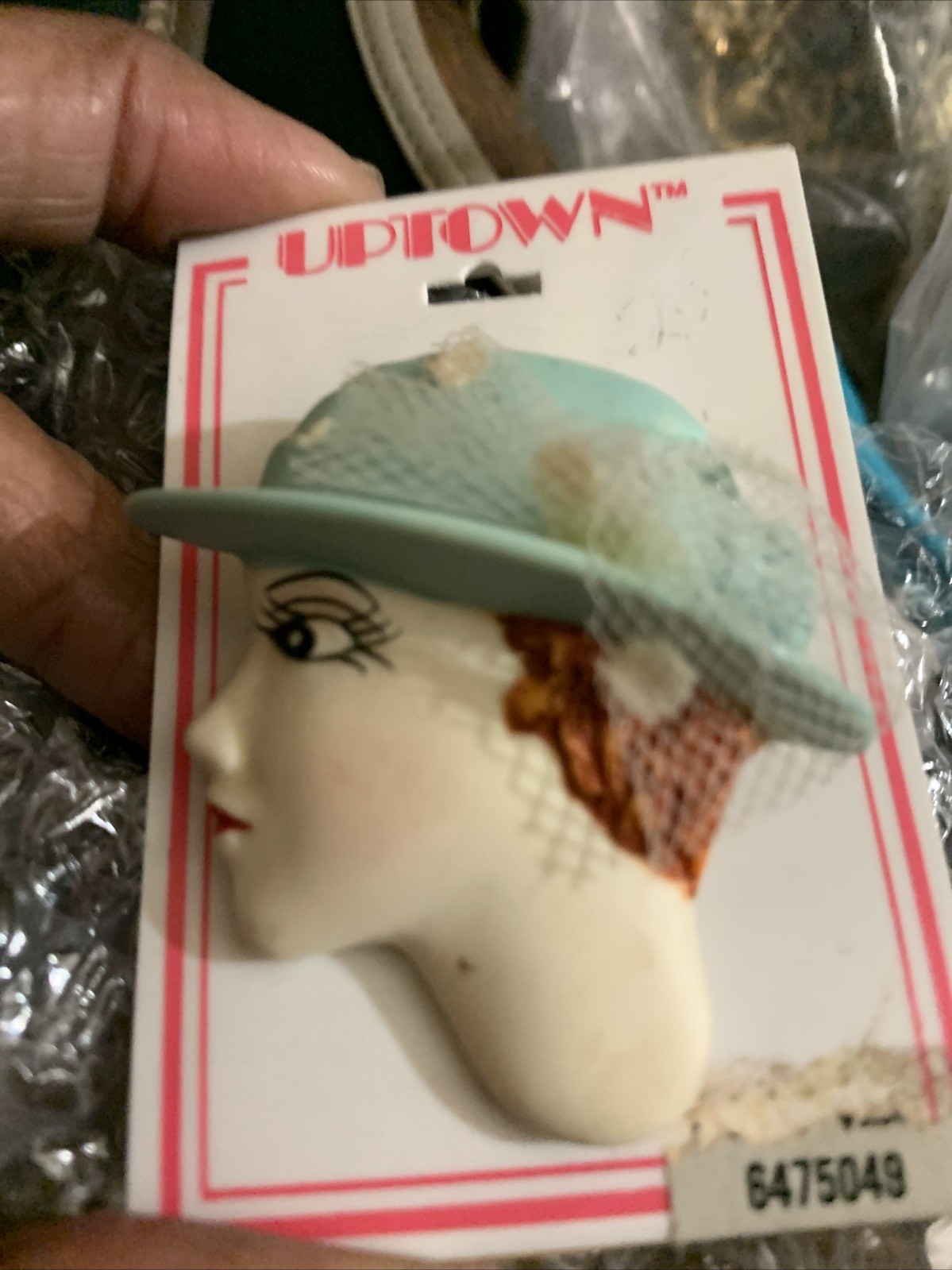 Fancy Light Blue Hat With Netting Lady Brooch