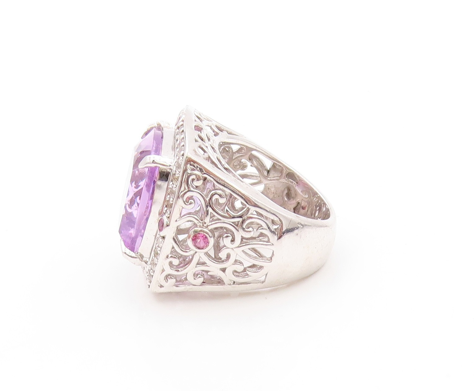 925 Sterling Silver Vintage Ring Large Amethyst Halo Sapphire Sz 5 RG32512