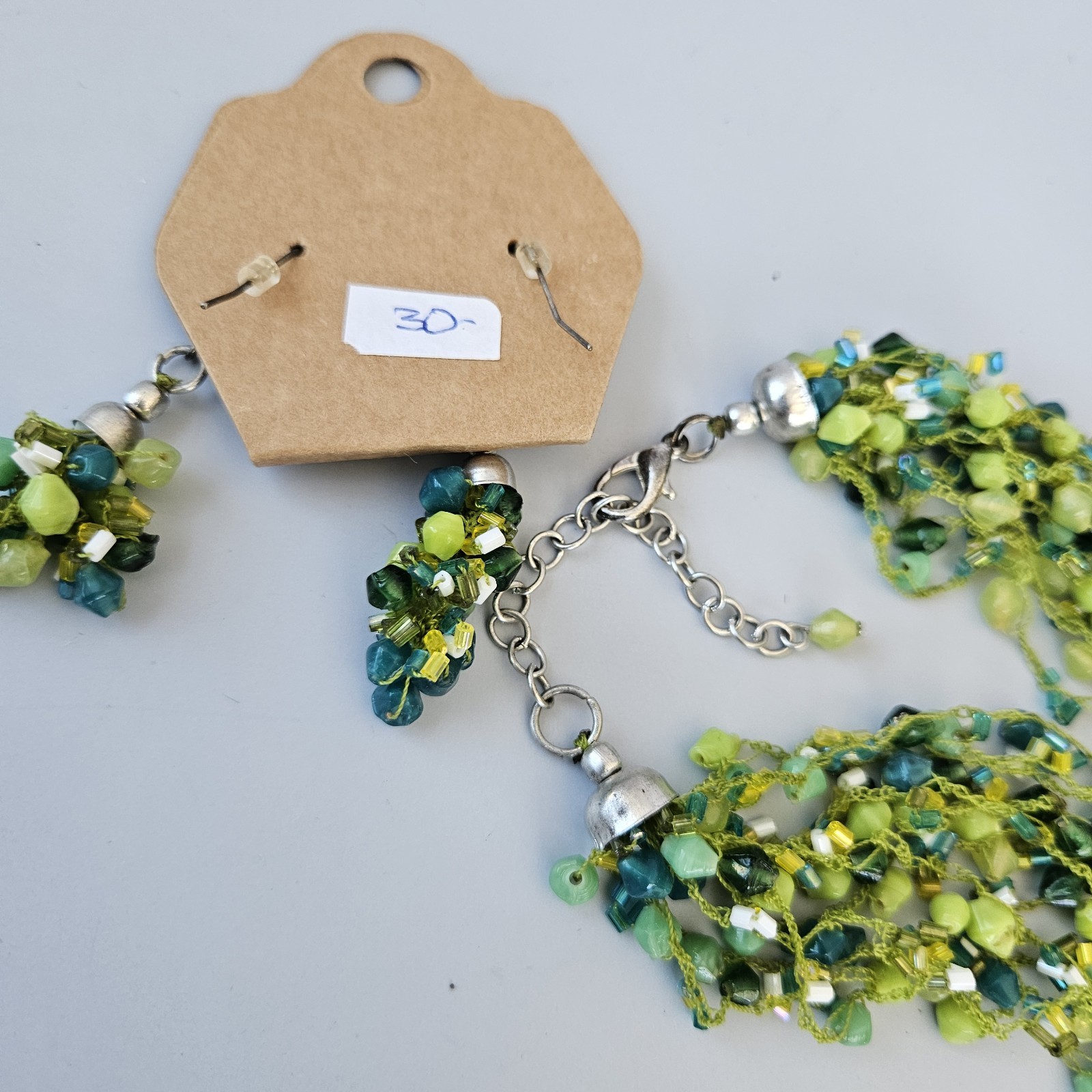 VTG Rain Beaded Necklace Multi Strand Cluster Hook Earrings Set Silver Green Lot