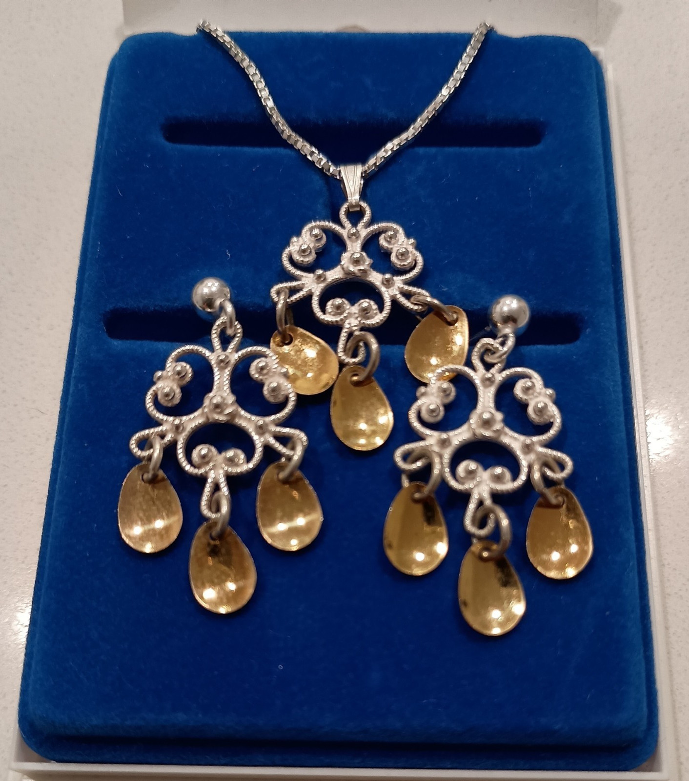 Vintage Finnish ARU Sterling Silver Filigree Necklace & Earring Set Sundrop