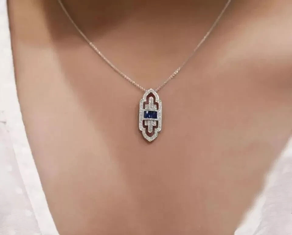 Art Deco Style Lab Created Diamond & Sapphire Wedding 14K White Gold FN Pendant