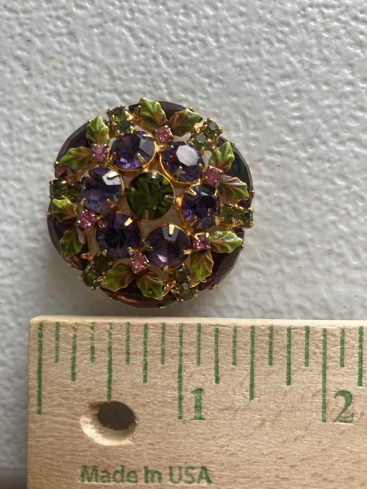 Vintage Dandy Rhinestone Brooch Enamel Pin Colorful Goldtone Setting 1 5/8″