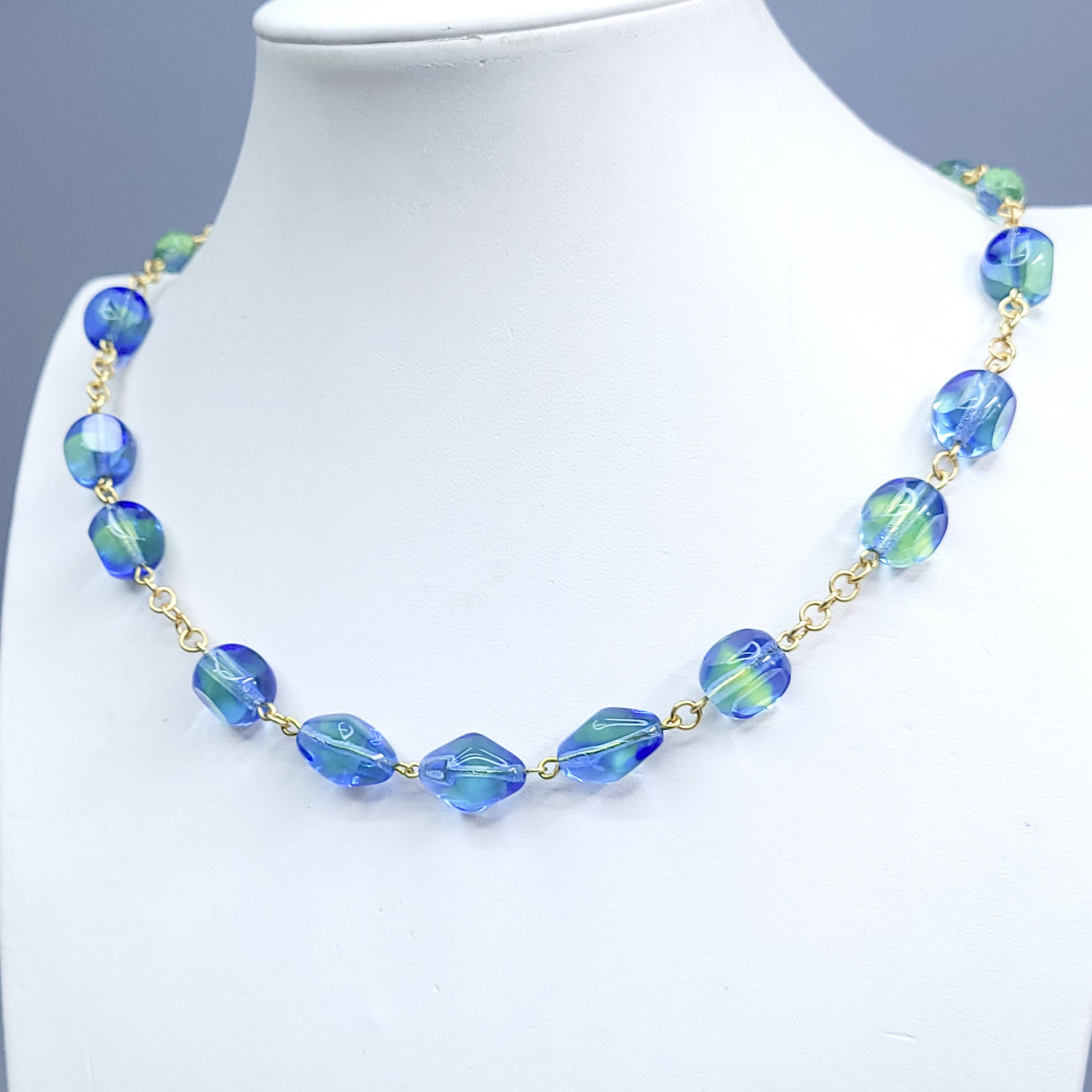 Uranium Necklace 18” Vaseline Blue Glass Czech Vintage Beads Women`s Jewelry