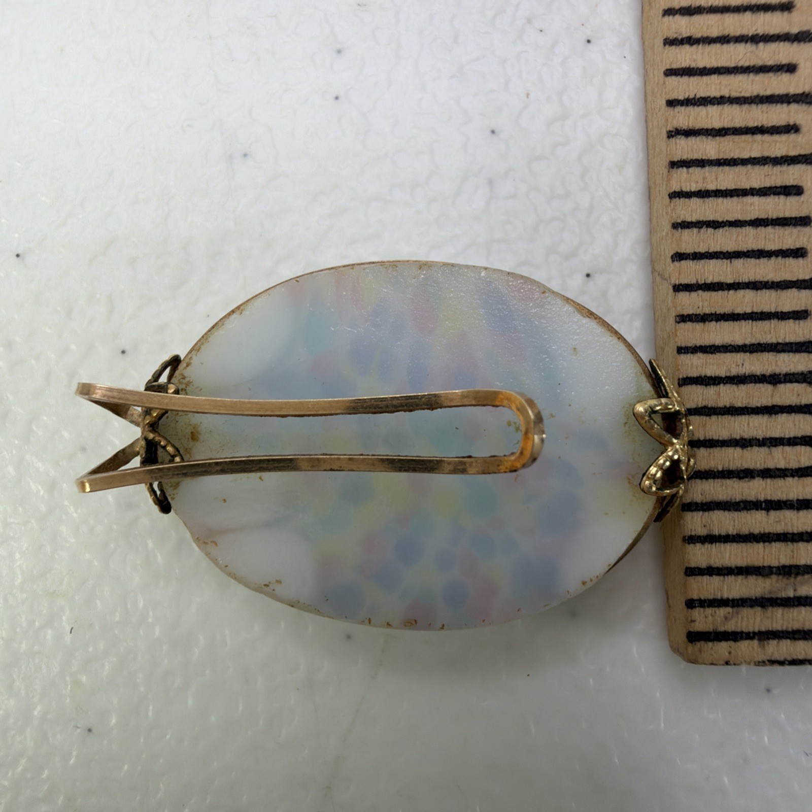 Opalescent Art Glass Scarf Clip • Iridescent Pastel Milky Cabochon Brooch VTG