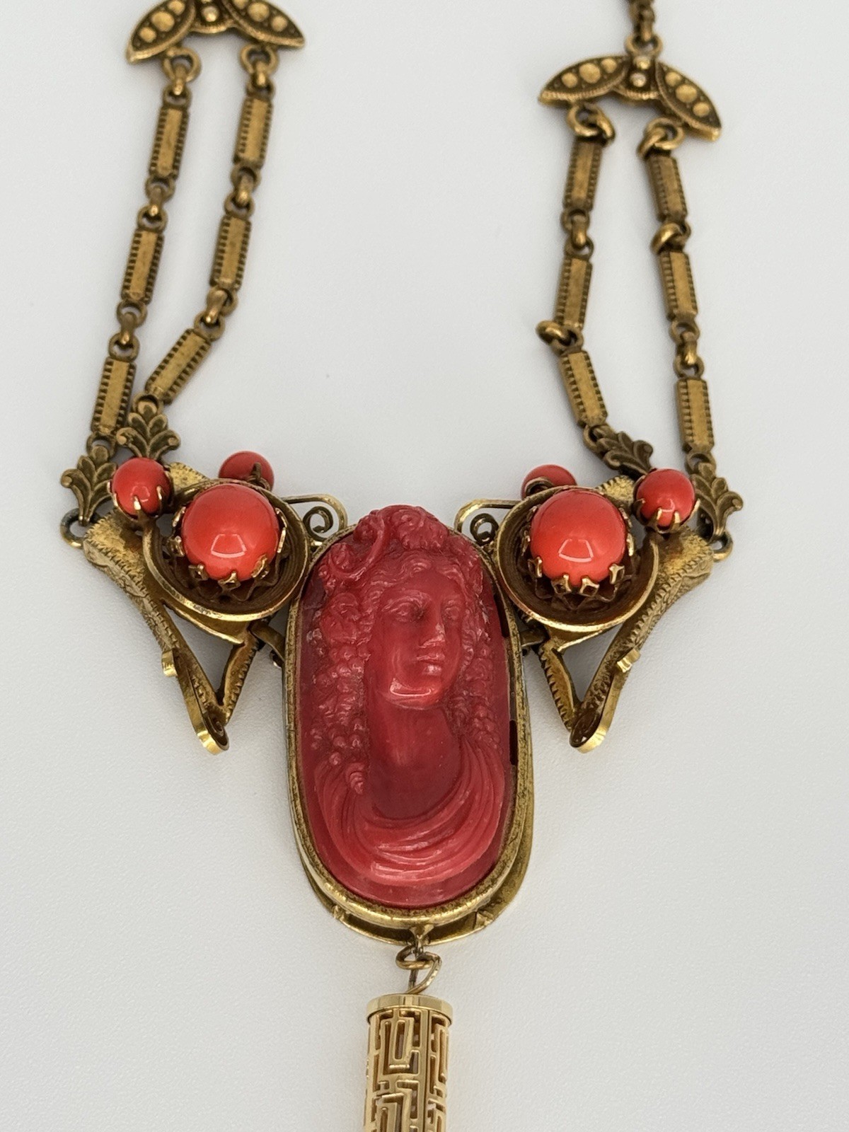 Vintage 1920s-1930s Art Deco Czech Faux Coral Cameo Brass Tassel Necklace