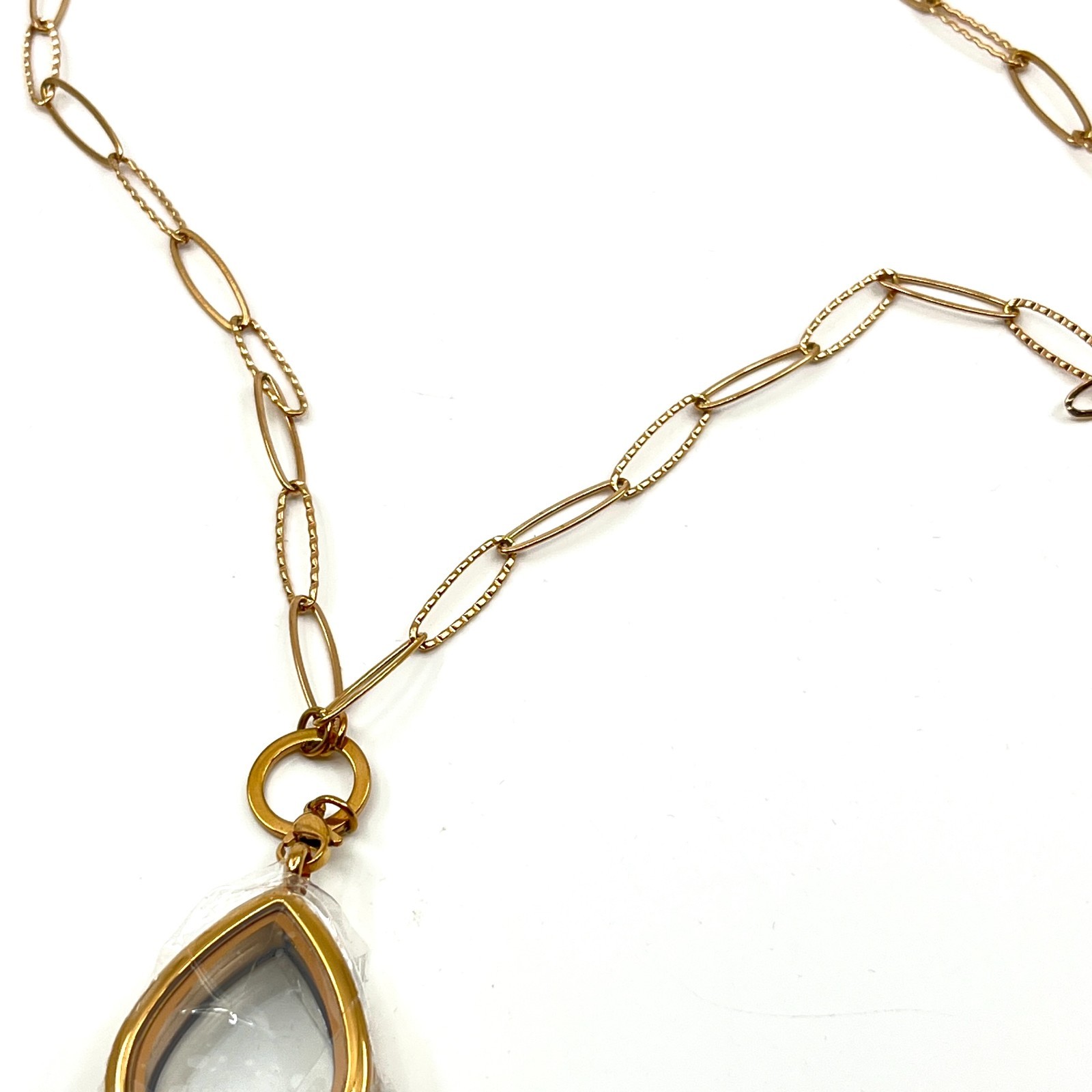 VTG Gold Tone Teardrop Floating Locket Necklace Crystal Accent Paperclip Chain