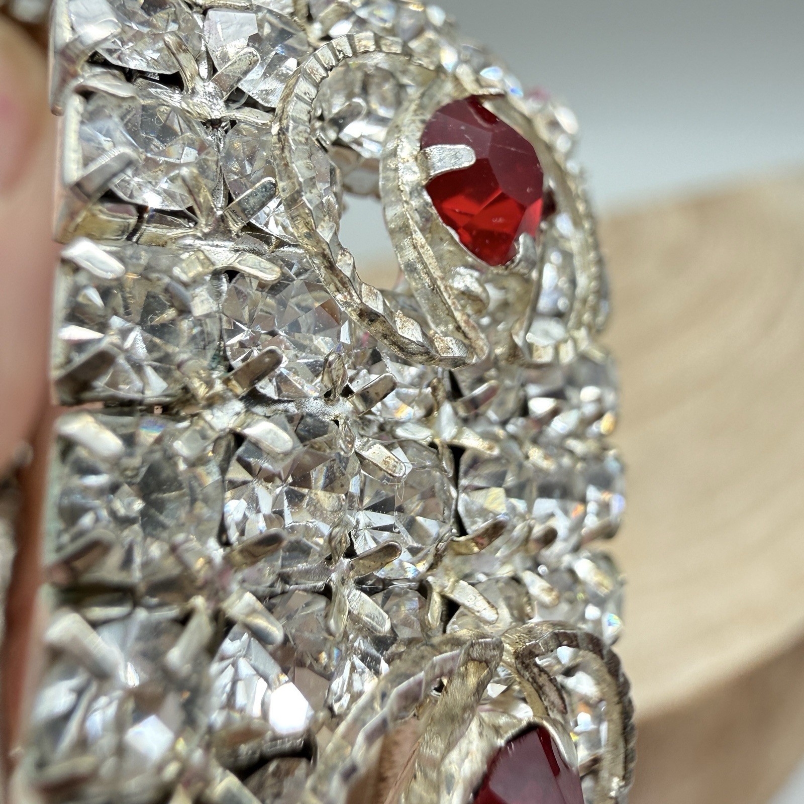 Vintage Red & Clear Rhinestone Hinged Cuff Bracelet Unmarked Red Bracelet