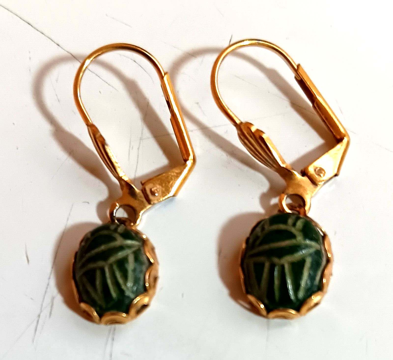 Vtg Egyptian Revival! Simulated? Jade Scarabs, Gold-tone Setting, Pierce Earring