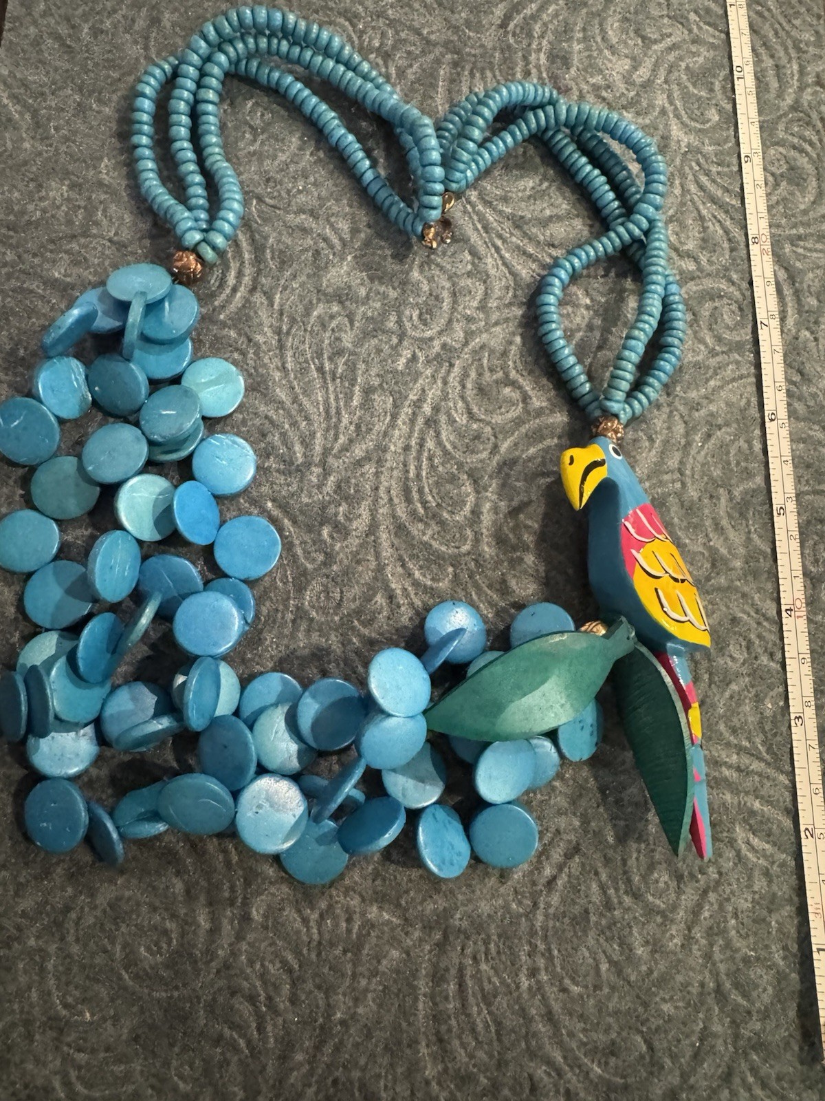 Wood Parrot Blue Tropical Necklace Fun Vintage 80s Cruise Party Tropics Summer