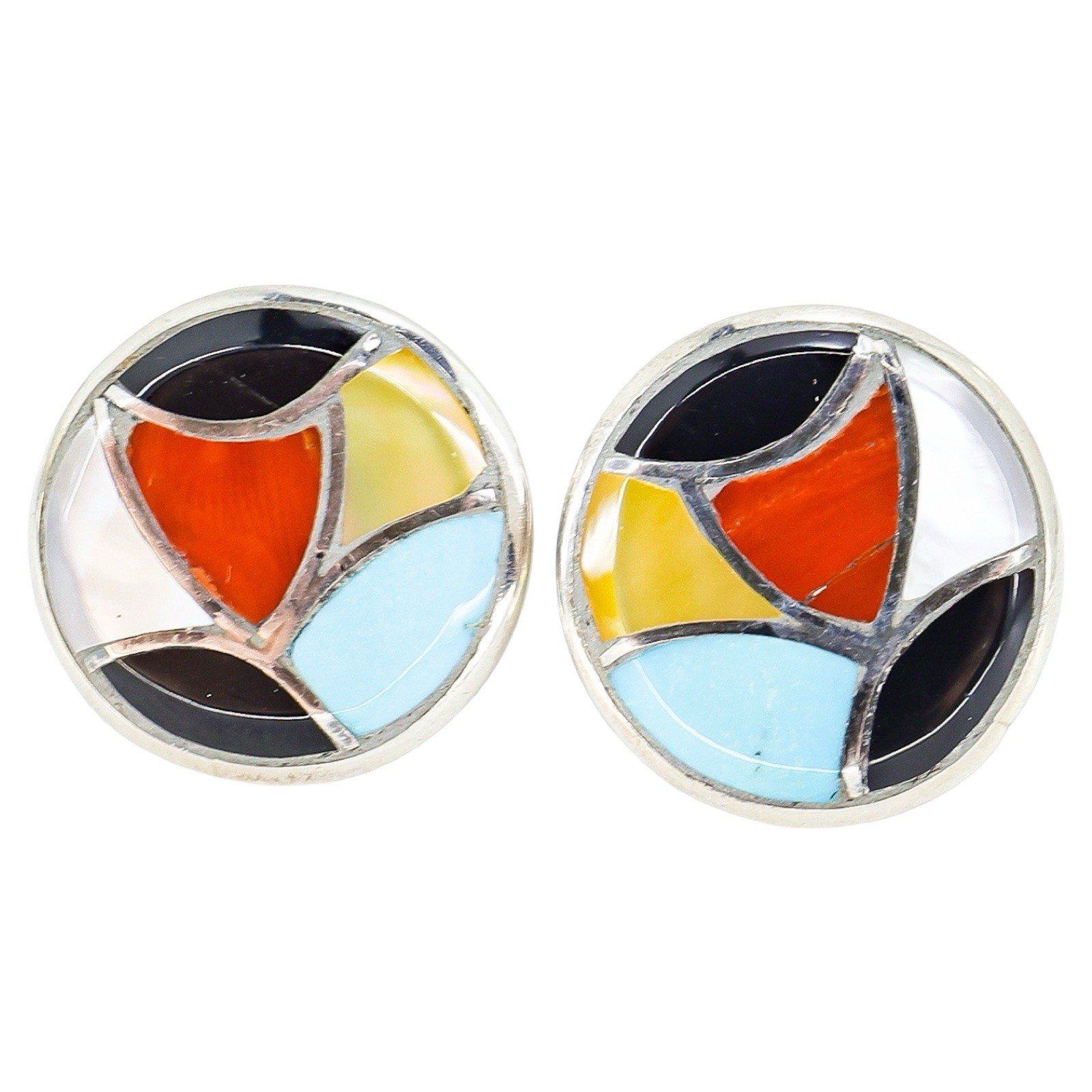 Lot Of 3 Sterling Silver Modernist Stud Earrings W Inlay Multistone Shell Resin