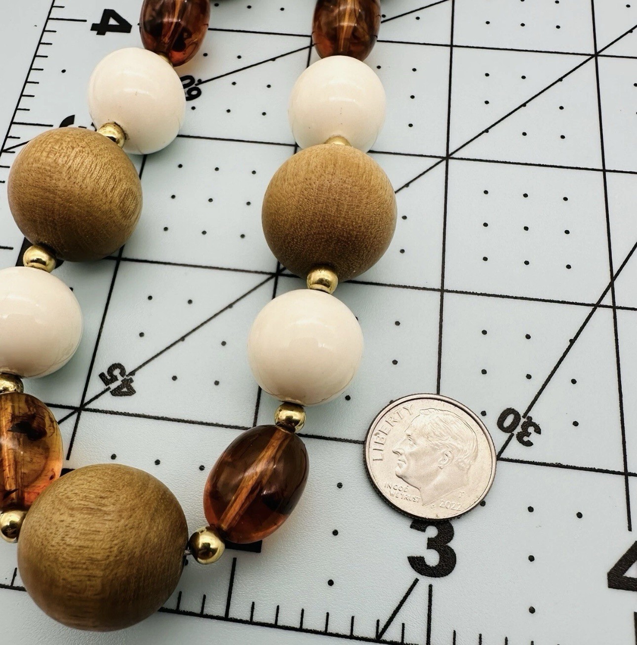 Vintage Scandinavian Boho Wood Faux Amber Bead Necklace Earth Tone Long 29in