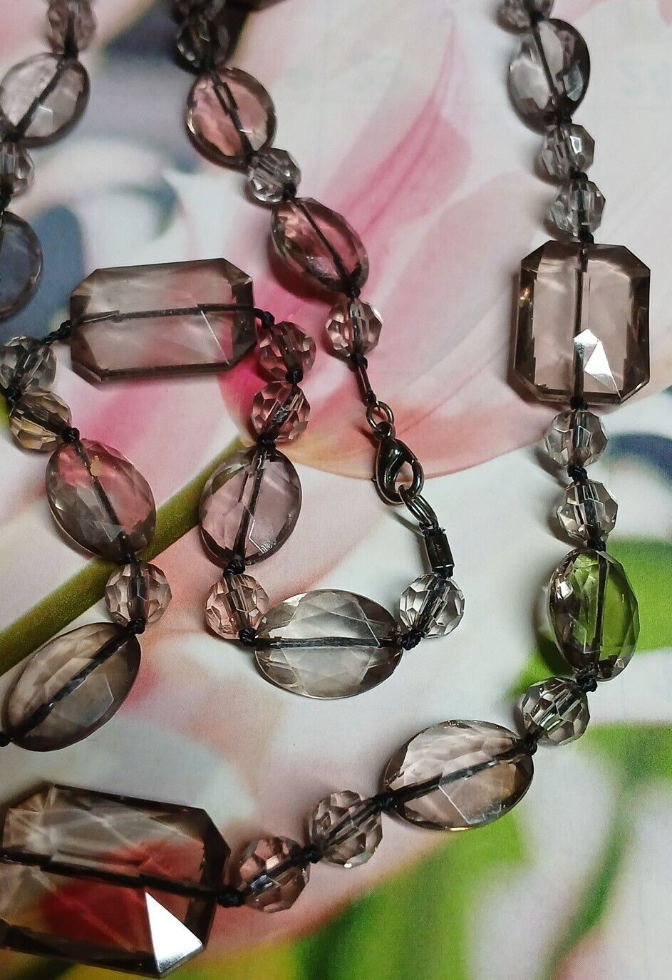 Long Light/Dusty Pink Faceted Emerald, Oval and Round Lucite Bead Necklace