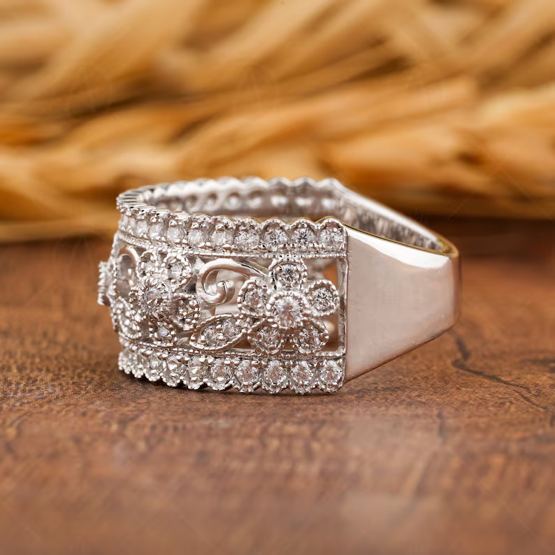 14K Gold Plated 925 Silver Moissanite Floral Band Engagement & Anniversary Ring
