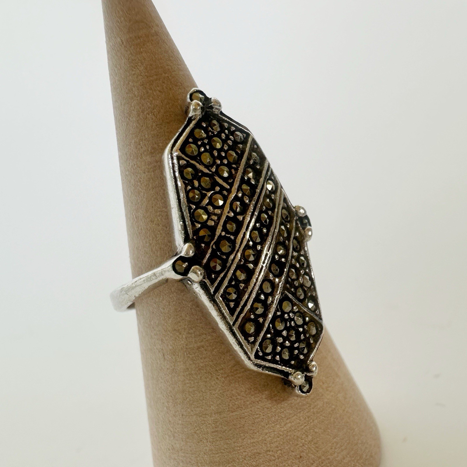Vintage 925 Silver Art Deco Pavé Marcasite Navette Cocktail Ring Size 5.5