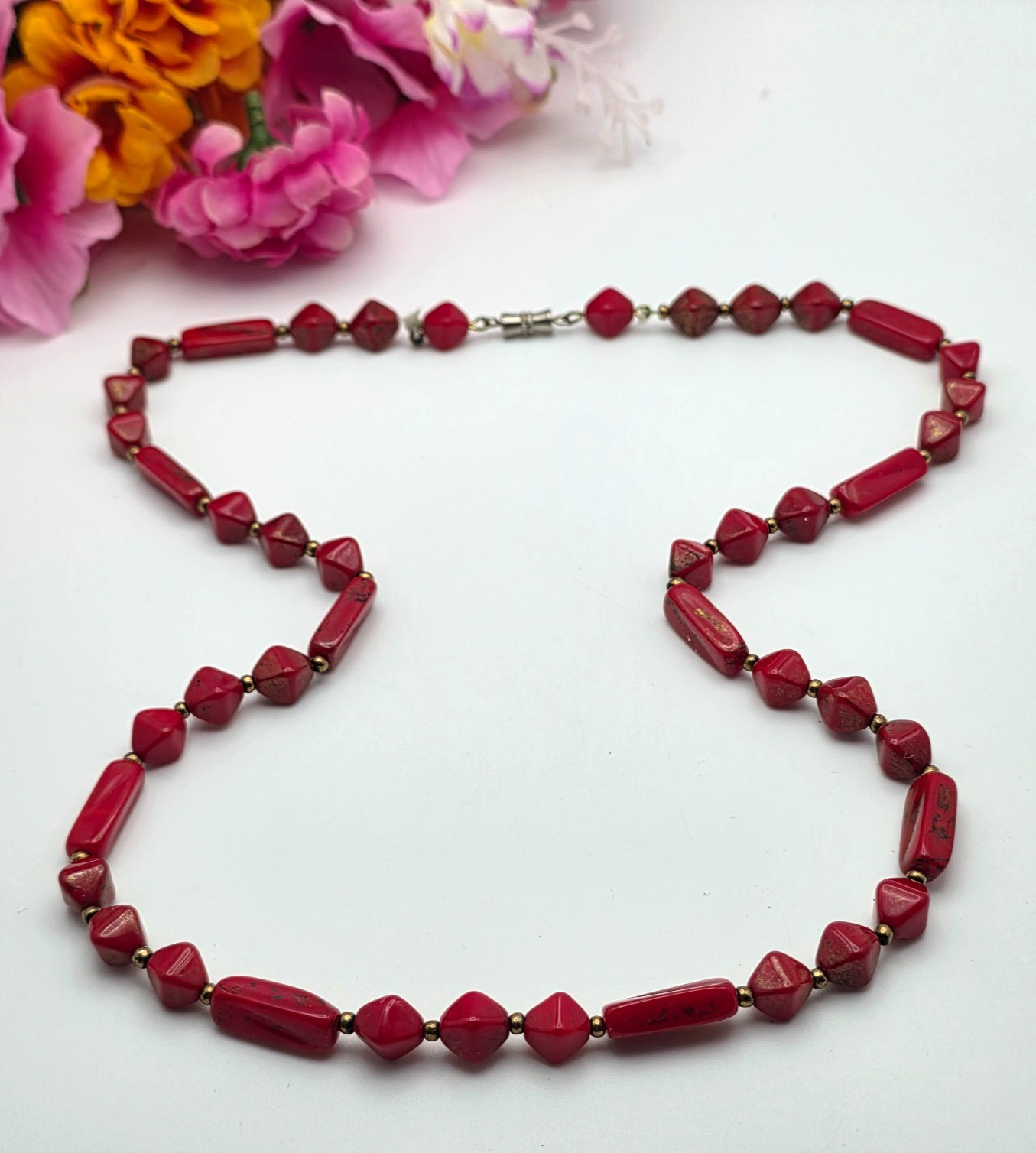Vintage Red Natural Stone Beaded Necklace 25 in Boho Statement Barrel Handmade