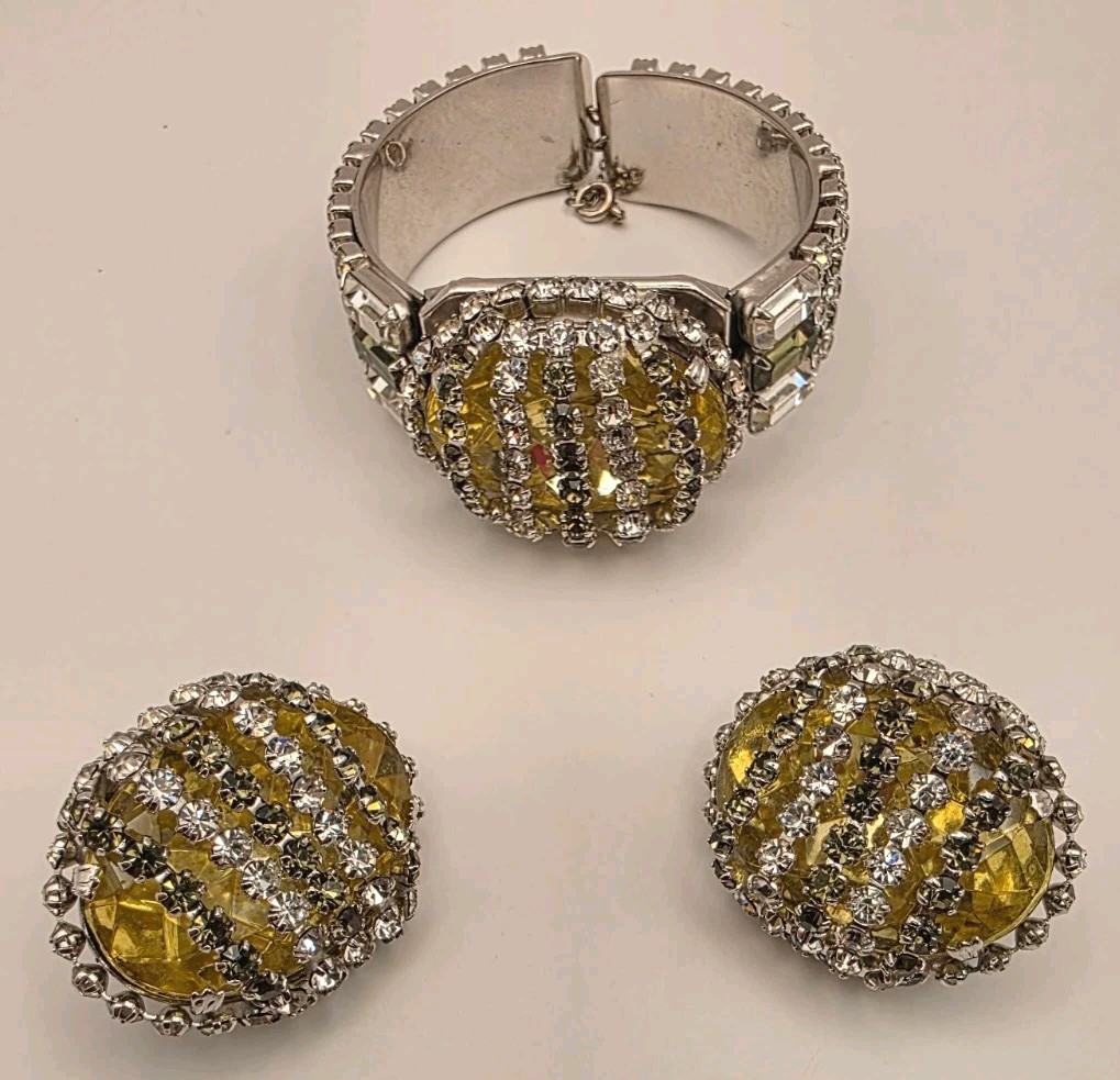 Vintage Unsigned Hobe Yellow/Grey/Clear Crystal Layered Cuff Bracelet/Earrings