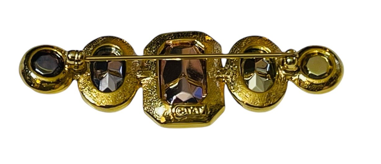 VTG TAT BAR BROOCH ART GLASS HANDMADE SIGNED FACETED STONES GOLD TONE BRILLIANT