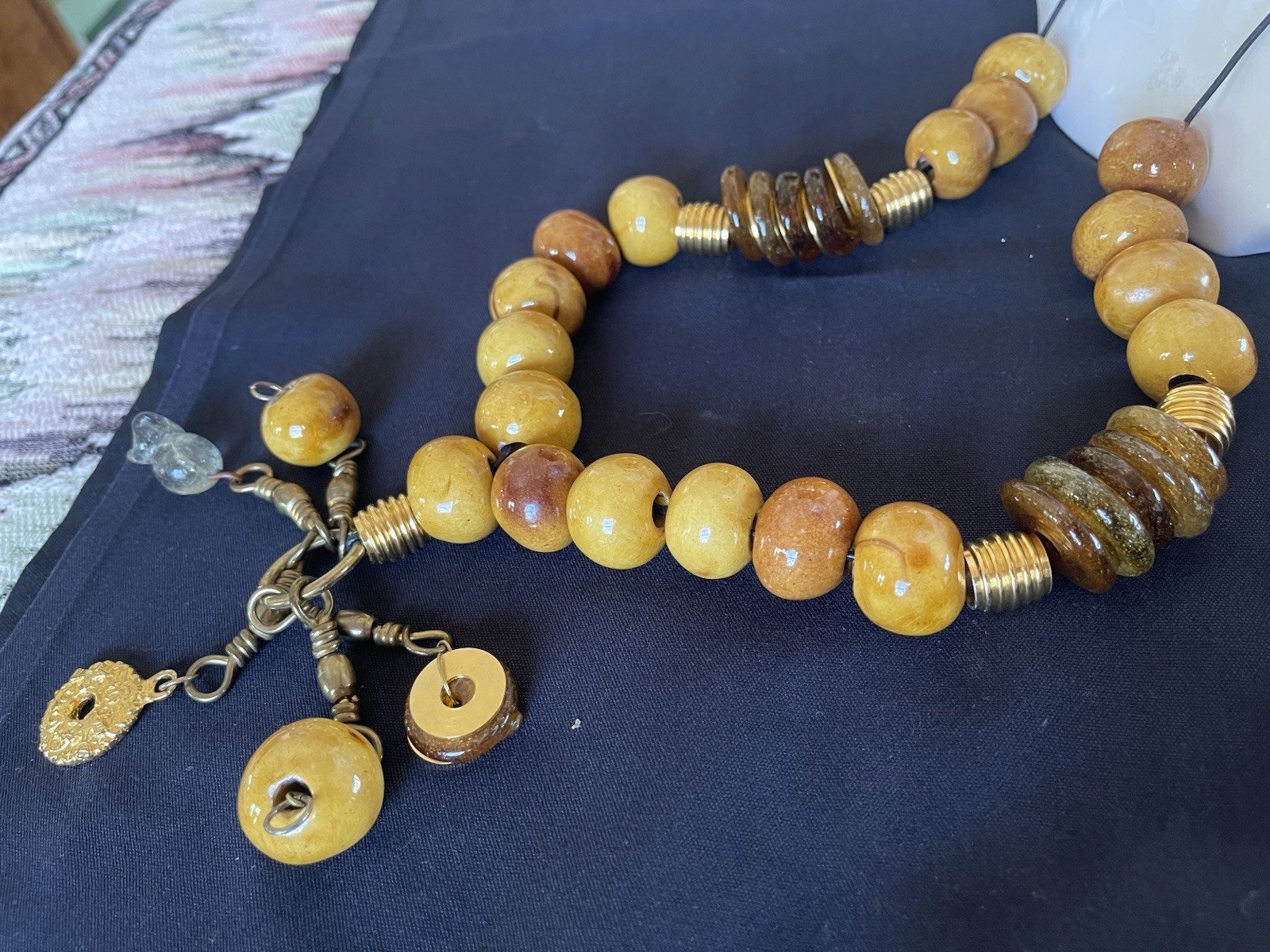 Variegated Honey Colored Egg Yolk Large Bead Tasseled Necklace Brass Spacers EXC