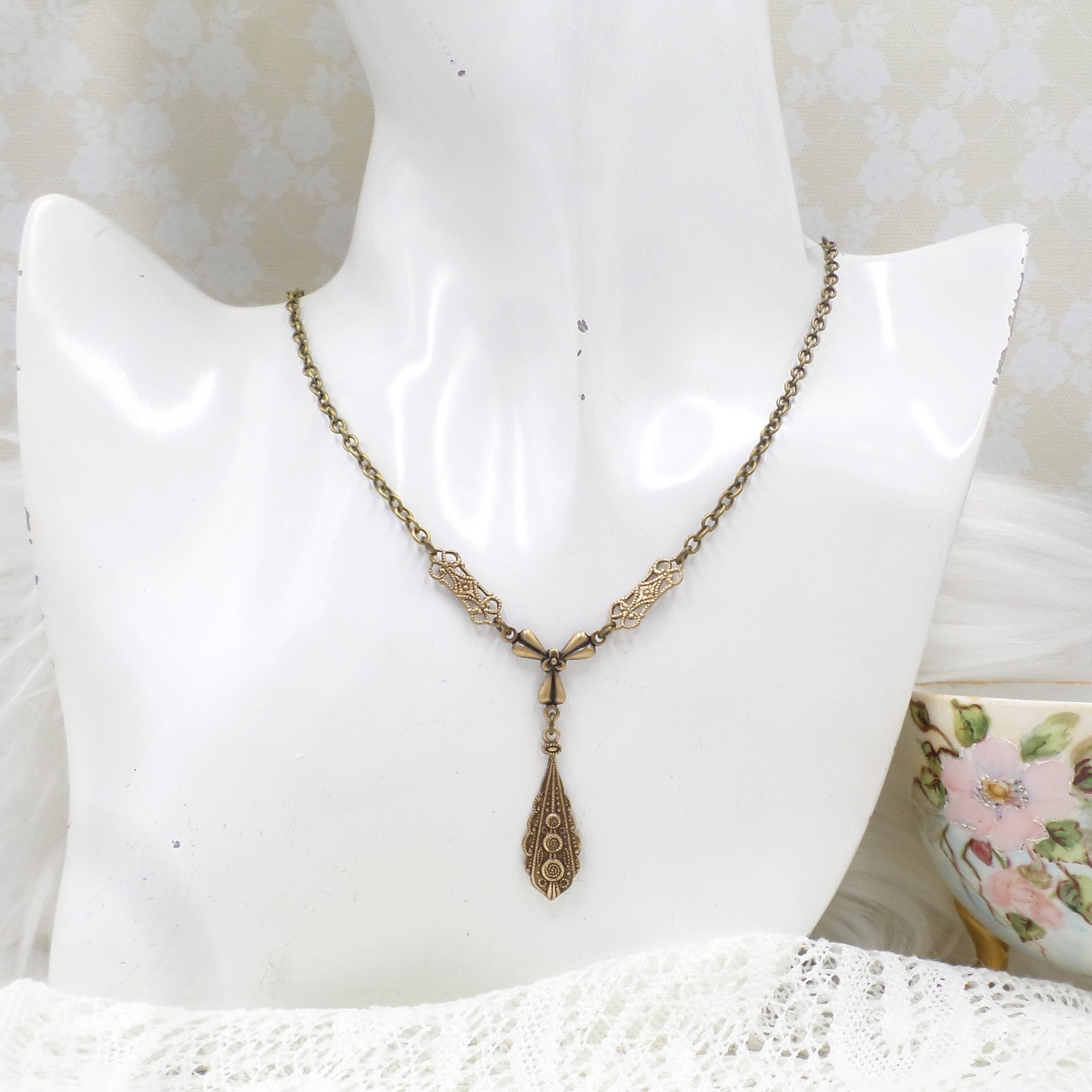 Victorian Style Brass Filigree Charm Necklace: Handmade Bow & Teardrop Jewelry