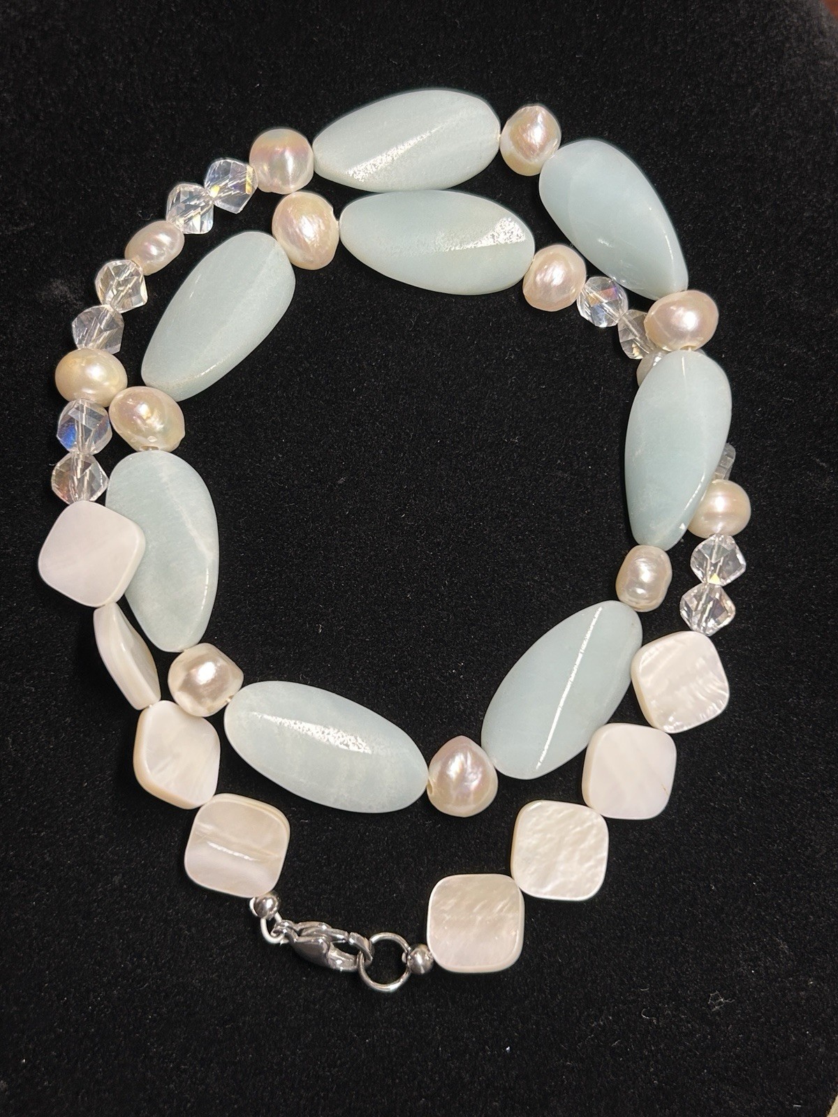 Carved Stone Fresh Water Pearls MOP Aurora Crystal Beaded Necklace